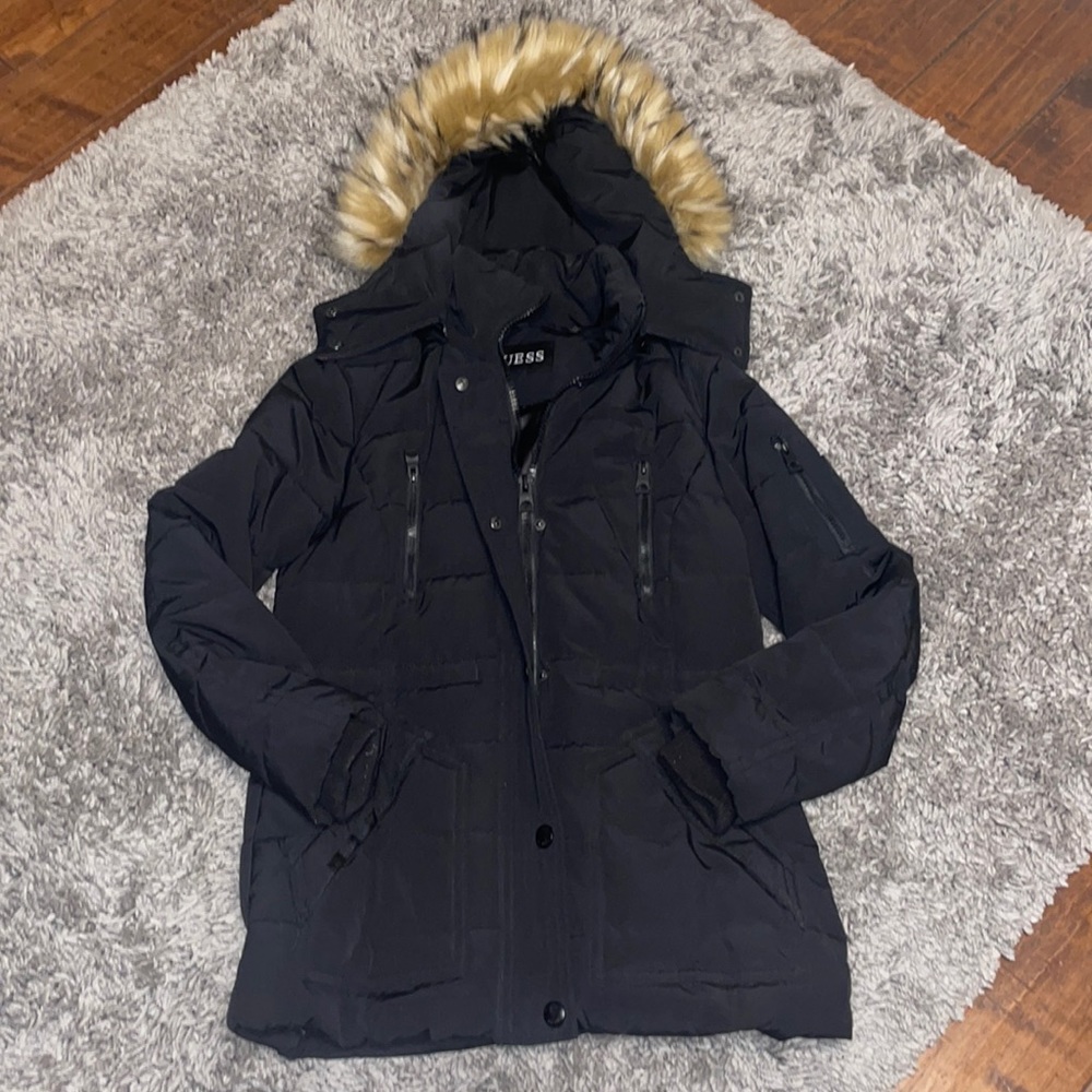 Guess puffer jacket with fur trim